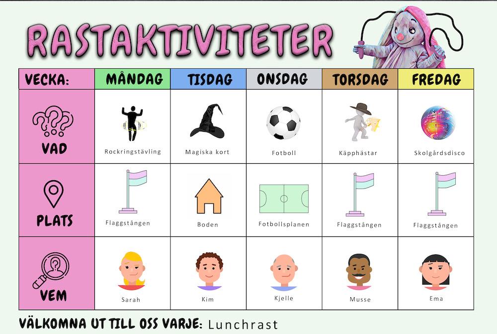 Ett veckoschema över rasterna på en skola.