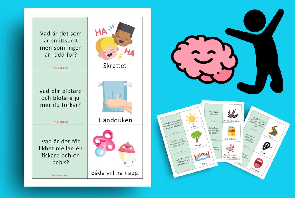 Några exempel på gåtjaktskort mot blå bakgrund. En stiliserad hjärna och en människa som hoppar med armarna utsträckta.